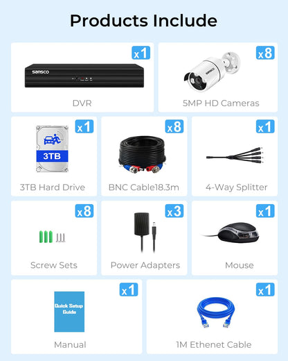SANSCO 5MP Wired Outdoor CCTV Security System 8 Cameras + 3TB HDD
