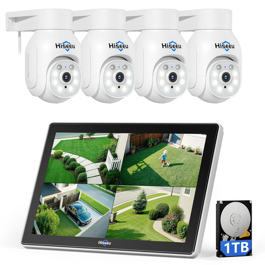 Hiseeu 5MP Wireless CCTV System 10" Monitor, 4 PTZ Cameras